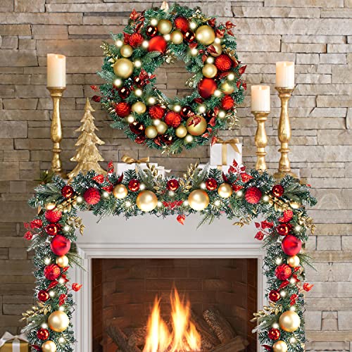 WANNA-CUL Pre-Lit 9ft Christmas Garland with Lights 50 LED Red Gold Baubles - color: 02-red Gold