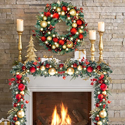 WANNA-CUL Pre-Lit 9ft Christmas Garland with Lights 50 LED Red Gold Baubles - color: 02-red Gold