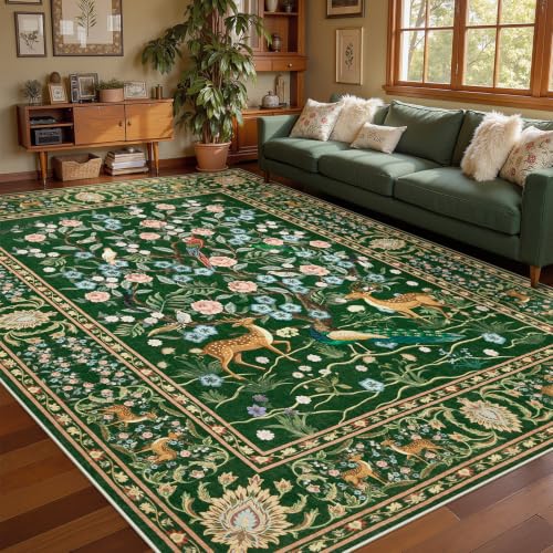 Joydeco Washable 6x9 Area Rugs for Bedroom, Green Boho Peacock Rug Carpet - color: Dark Green, size: 6' x 9' (Rectangular)