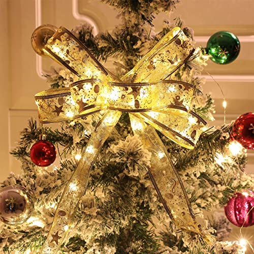 Christmas Ribbon Fairy Lights 33Ft 100 LED String Lights Battery Operated 2In Gold Foil Ribbon with Warm White Twinkle Firefly Lights Indoor Starry Holiday Decoration for Christmas Tree - size: Ribbon Lights