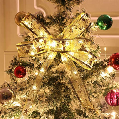 Christmas Ribbon Fairy Lights 33Ft 100 LED String Lights Battery Operated 2In Gold Foil Ribbon with Warm White Twinkle Firefly Lights Indoor Starry Holiday Decoration for Christmas Tree - size: Ribbon Lights