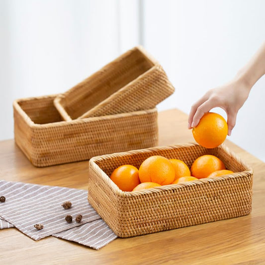 Rattan Storage Baskets, Wicker Baskets for Organizing, Hand Woven Fruit Basket, Decorative Baskets for Kitchen Counter, Living Room, Bathroom, Set of 3 - color: Rectangular