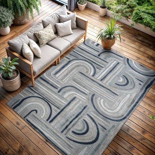 CAMILSON Indoor Outdoor Rug, Blue 8x10 Geometric Arch Striped Area Rugs for Patio and Home Areas, Easy-Cleaning Non-Shedding Living Room, Garden and Deck Washable Outside Carpet (8 x 10) - color: 3004 Blue, size: 8' x 10' (Rectangular)