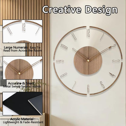 Modern Minimalist Wooden Wall Clock - Silent Non-Ticking Battery Operated Wall Clock for Living Room Bedroom Kitchen Office Decor, 12 Inch Large Wall Clock with Sleek Open Frame Design