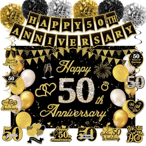 Black Gold Happy 50th Wedding Anniversary Party Decorations Supplies Kit
