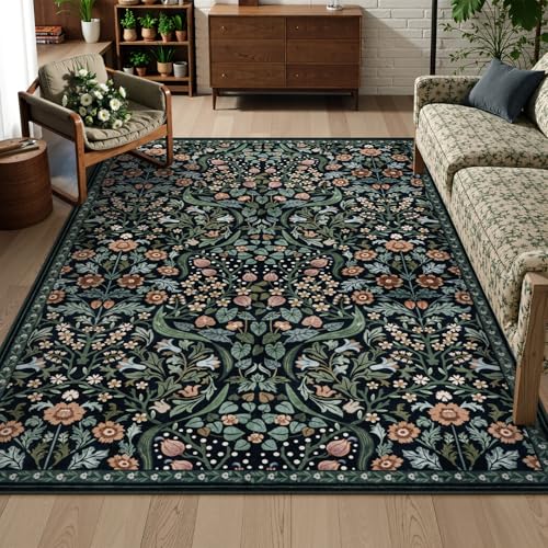 Lahome Dark Floral Rug 6x9, Botanical Washable Area Rug for Living Room - color: Black, size: 6' x 9'