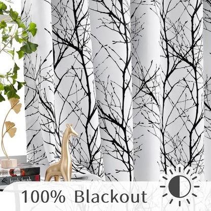 FMFUNCTEX 100% Blackout Black Grey Tree Branch Curtains 96 Inch 2 Panels - color: Grommet | Black, size: 52"W x 96"L (Pack of 2)