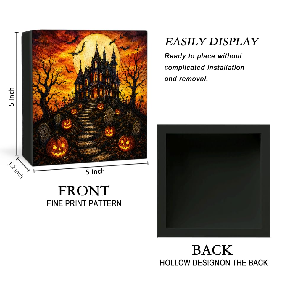 Full Moon Castle Halloween Wooden Box Decorative Sign 5x5 Inch - color: M