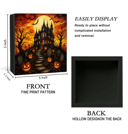 Full Moon Castle Halloween Wooden Box Decorative Sign 5x5 Inch - color: M