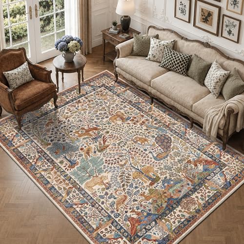 5x7 Washable Area Rug Vintage Animals Print Boho Indoor Carpet - color: Beige, size: 5' x 7' (Rectangular)