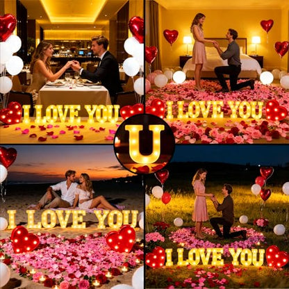 I Love You Light Up Letters Sign, with 30 Tea Lights Candles, Rose Petals, Round Pearlescent Balloon, Aluminum Balloons, Romantic Valentine's Day Wedding Engagement Birthday Party Decoration - color: I LOVE YOU