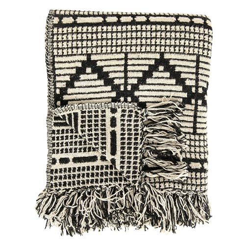 Bloomingville Soft Reclaimed Cotton Blend Throw with Diamond Pattern and Fringe, Black and Beige - color: Black and Beige