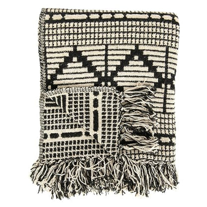 Bloomingville Soft Reclaimed Cotton Blend Throw with Diamond Pattern and Fringe, Black and Beige - color: Black and Beige