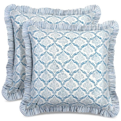 CPC Indigo Regal Block Print Ruffle Pillow Cover 18x18 Inch, Pack of 2 - color: Indigo Regal, size: 18" x 18" (Pack of 2)