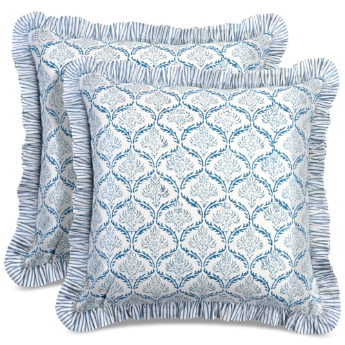 CPC Indigo Regal Block Print Ruffle Pillow Cover 18x18 Inch, Pack of 2 - color: Indigo Regal, size: 18" x 18" (Pack of 2)