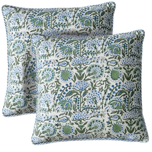 ATOSII Cotton Blockprint Throw Pillow Cover, Clover Blue, Set of 2, 24 x 24 - color: Clover Blue, size: 24" x 24" (Pack of 2)