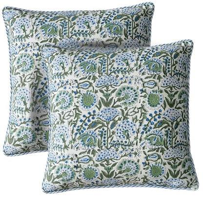 ATOSII Cotton Blockprint Throw Pillow Cover, Clover Blue, Set of 2, 18 X 18 - color: Clover Blue, size: 18" x 18" (Pack of 2)