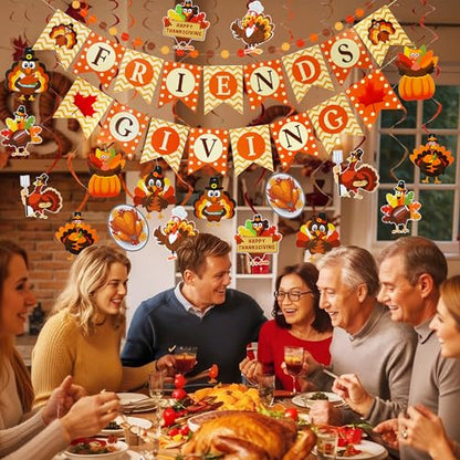 Thanksgiving Party Decorations Set - NO DIY - Friendsgiving Banner & Turkey Hanging Swirls & Circle Dots Garland Banner, Thanksgiving Decorations for Home Office Classroom Friendsgiving Party Decor - style: Friendsgiving