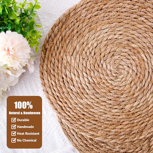 Round Woven Placemats 13.5 inch Set of 6, Boho Hand-Woven Rattan Natural Water Hyacinth Placemats, Farmhouse Weave Chargers, Heat Resistant Rustic Braided Wicker for Dining Table,Kitchen,Wedding,Home - size: 13.5inch Set of 6
