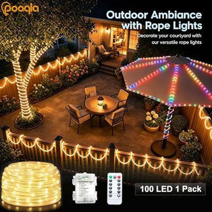 Pooqla Battery String Lights Outdoor, 100LED Warm White Rope Lights - color: Warm White, size: 100LED×1