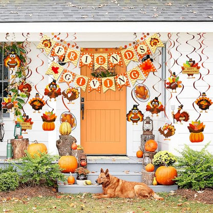Thanksgiving Party Decorations Set - NO DIY - Friendsgiving Banner & Turkey Hanging Swirls & Circle Dots Garland Banner, Thanksgiving Decorations for Home Office Classroom Friendsgiving Party Decor - style: Friendsgiving
