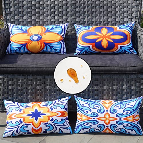 ONWAY Outdoor Pillow Covers Waterproof 12x20 Set of 4 Floral Boho Decorative Throw Cushion Cover Farmhouse Pillows for Bench, Couch, Patio Furniture - color: Blueorange, size: 20" x 12" (Pack of 4)
