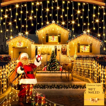 FLVOECN 98FT 960 LED Christmas Lights, Waterproof 8 Modes Ice Lights for Outside with Memory and Timer Hanging Fairy Lights Plug-in Curtain String Lights for Holiday Party Wedding Home (Warm White) - color: Taupe