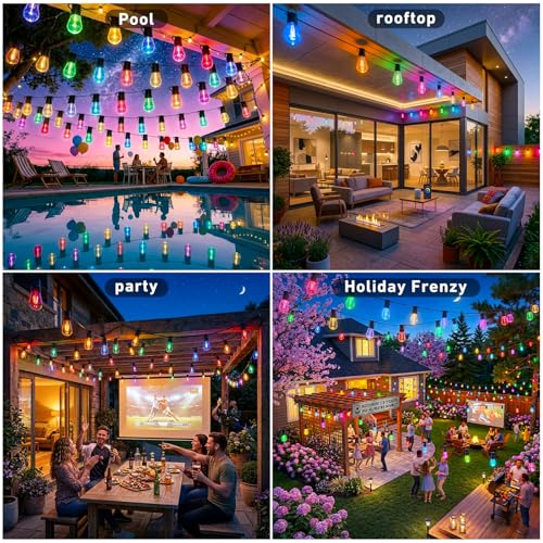 Outdoor String Lights,200FT Smart RGB+IC Patio Lights with Shatterproof LED Bulbs ,Outside Light Dimmable Patio for Decor DIY IP67 Waterproof ,Courtyard, garden,Holiday,LED lights more Scene Modes - size: 200FT Outdoor