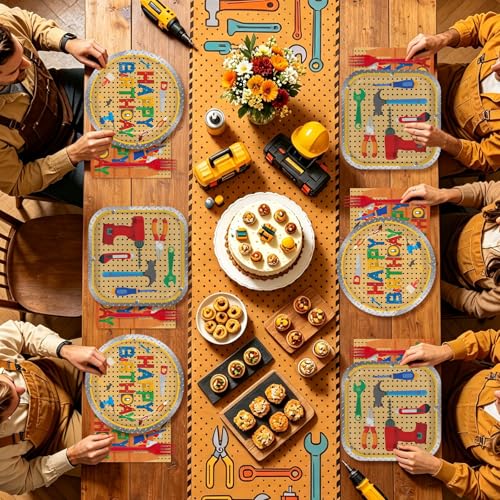 96 Pcs Tools Birthday Handyman Tool Party Decorations, Serves 24 - style: Color Tool Birthday Plates