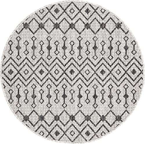 Unique Loom Outdoor Trellis Collection Area Rug - Tribal Trellis (3' 3" Round, Gray/ Black) - color: Gray/Black, size: 3'3" (Round)