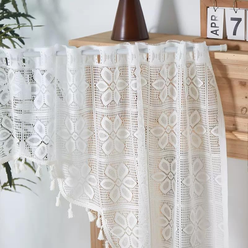 Boho Crochet Swag Curtain Valances with Tassels for Kitchen Windows, Rustic Floral Lace Macrame Curtain Toppers Semi Sheer Window Treatments for Living Room, Bathroom,Half Window, White - color: White