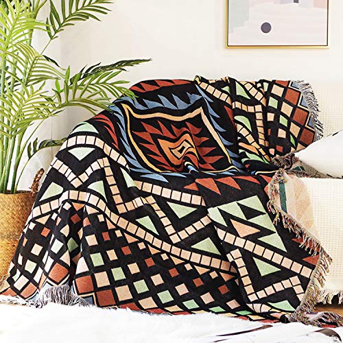 Luxlovery Boho Sofa Throw Blankets Ethnic Woven Boho Geometric Black and Caramel Multicolor Throw Blanket for Couch Aztec Bed Throws Chair Sofa Cover with Tassels(63"x86") - color: Bulo, size: 63"x86",160x220cm