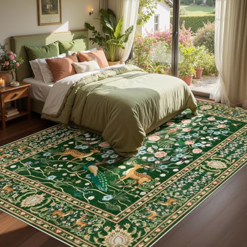 Joydeco Washable 6x9 Area Rugs for Bedroom, Green Boho Peacock Rug Carpet - color: Dark Green, size: 6' x 9' (Rectangular)