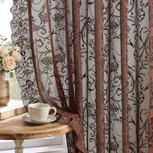 TUDECO Lace Brown Kitchen Curtains 45 Inch Long for Small Window, 2 Panels - color: Brown, size: 59"W x 45"L (Pack of 2)