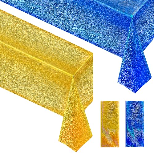 Just Shimmer Sparkling Holographic Laser Tablecloth - Shimmering, Waterproof, Easy to Clean - Ideal for Bachelorette, Birthday, Wedding, and Anniversary Party Decorations (Dark Blue & Gold, 2) - color: Dark Blue & Gold