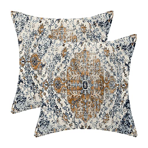 AEIOAE Boho Pillow Covers 18x18 Inch Set of 2,Carpet Pattern Throw Pillows Case,Gold Blue Ethnic Design Outdoor Decorative Square Linen Farmhouse Decor Cushion Covers for Home Sofa Bed Couch - color: Gold Blue Boho, size: 18" x 18" (Pack of 2)