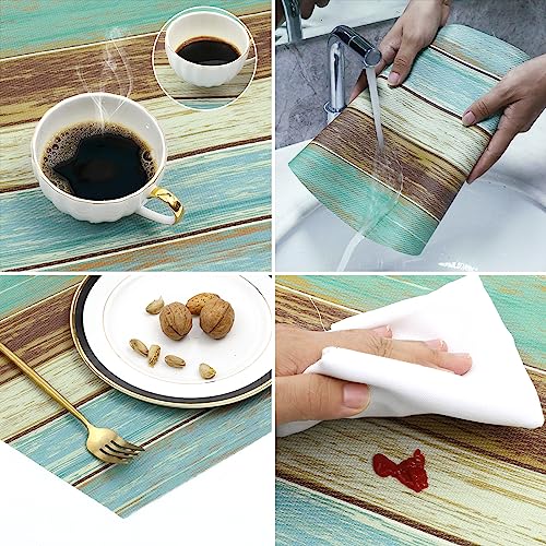 SHACOS Small Round Table Placemats Set of 5 Woven Vinyl Wedge Placemats with Centerpiece Round Table Mats Wipe Clean, Teal Brown Stripe Wood Board - color: Teal Brown