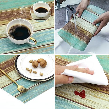 SHACOS Small Round Table Placemats Set of 5 Woven Vinyl Wedge Placemats with Centerpiece Round Table Mats Wipe Clean, Teal Brown Stripe Wood Board - color: Teal Brown
