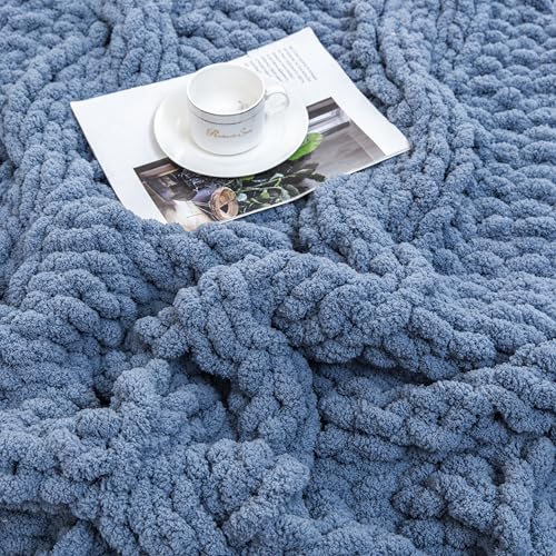 WESHIONGOO Chunky Knit Blanket Throw 50"×60" Knitted Throw Blankets for Couch Bed Fluffy Soft Blanket with Jumbo Chenille Yarn Thick 100% Handmade (Dusty Blue) - color: Dusty Blue, size: 50"x60"