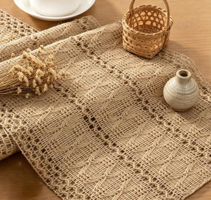 Boho Macrame Table Runner Jute Burlap Small Dresser Runner - color: Burlap Brown, size: 12" × 48"