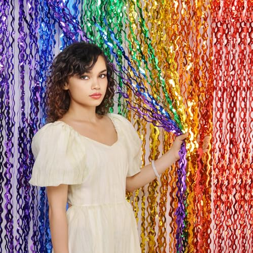 CYLMFC 3 Pack Rainbow Foil Curtains - 3.3x6.6ft Metallic Streamers Tinsel Curtains Background for Photo Booth Birthday Weddings Carnivals Graduation - color: 6 Color Rainbow