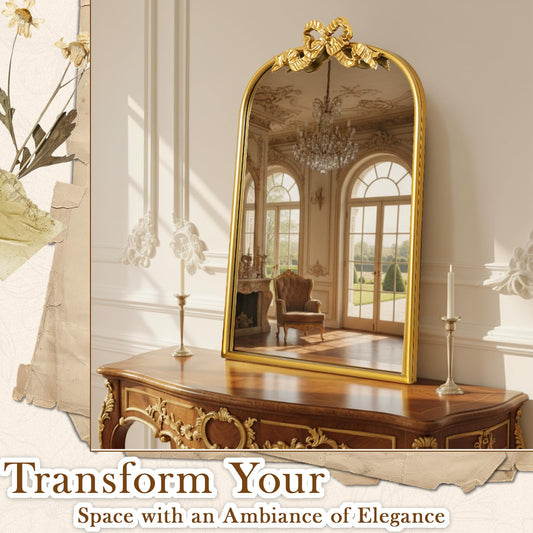 Vercraft Gold Bow Mirror 27"x19" Vintage Arched Vanity Wall Decorative Mirror with Metal Frame Antique Baroque Bow Decor for Home Dressing Table Entryway Bathroom Hallway Living Room - size: 27"L x 19"W