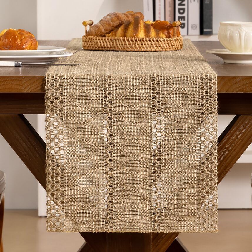 Burlap Brown Woven Table Runner Boho Cotton Linen 11"×36" - color: Burlap Brown, size: 11" × 36"