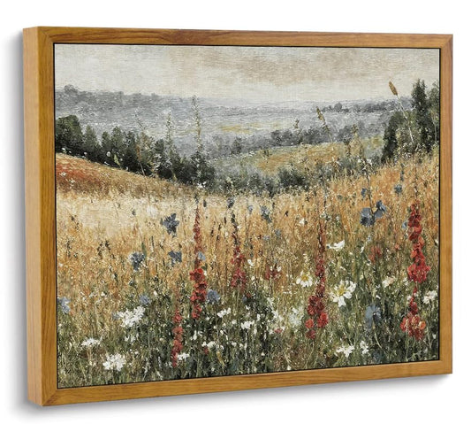 Vintage Wildflower Meadow Landscape Framed Canvas Wall Art for Living Room | Impressionist Painterly Style, Golden Amber Meadows, Flat Waterproof Canvas HD Prints, Suitable for Bedroom Kitchen Bathroom - color: Champ Fleuri, size: 8"L x 10"W
