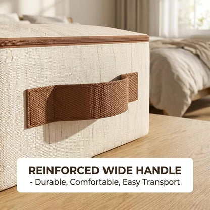 Storage Box with Lid & Zipper – 56L Large Cotton Linen Organizer Bin, Hardboard Structure, Gold Two-Way Zipper, Leather Handle, Foldable Closet Box for Clothes Blankets Toys, Beige