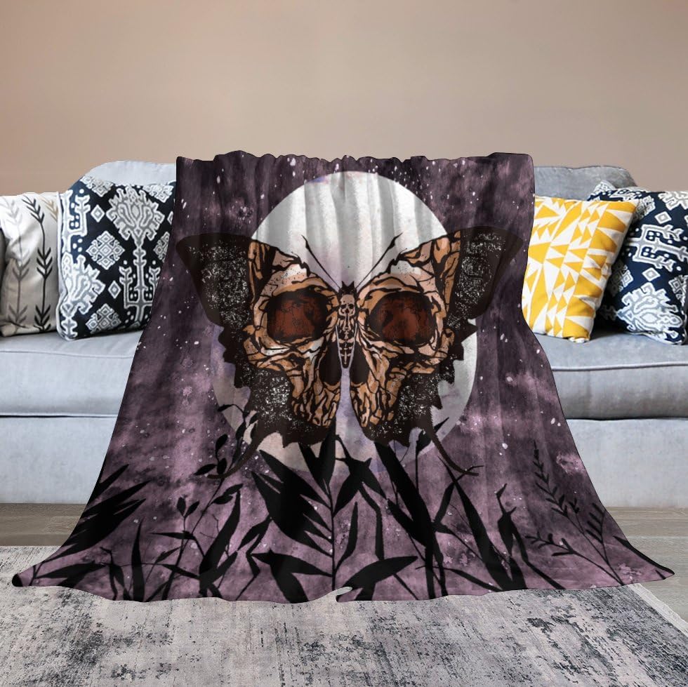 Death Moth Blanket, Boho Gothic Skull Moth Purple Starry Plant Full Moon Mysterious Witchy Throw Blanket for Couch Sofa Office Bed Travelling Bed Throws, 30"x40" - color: Death Moth, size: 30"x40"