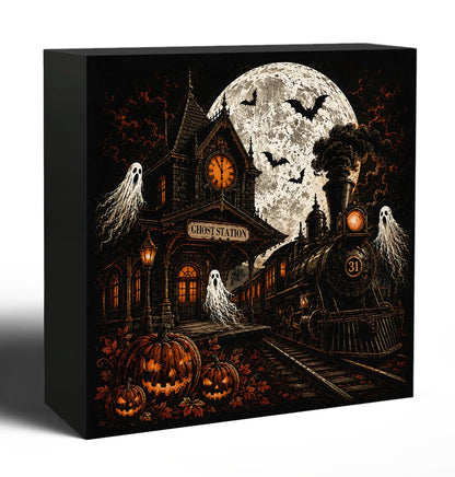 Halloween Ghost Station Wooden Box Decorative Sign 5x5 Inch - color: J