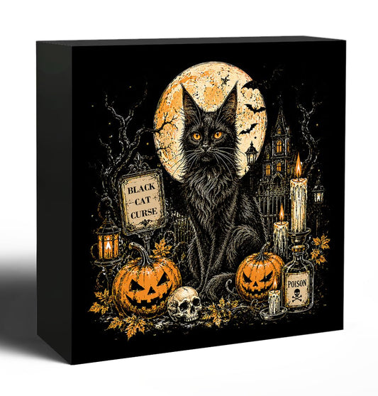 Spooky Black Cat Halloween Wooden Box Decorative Sign 5x5 Inch - color: I