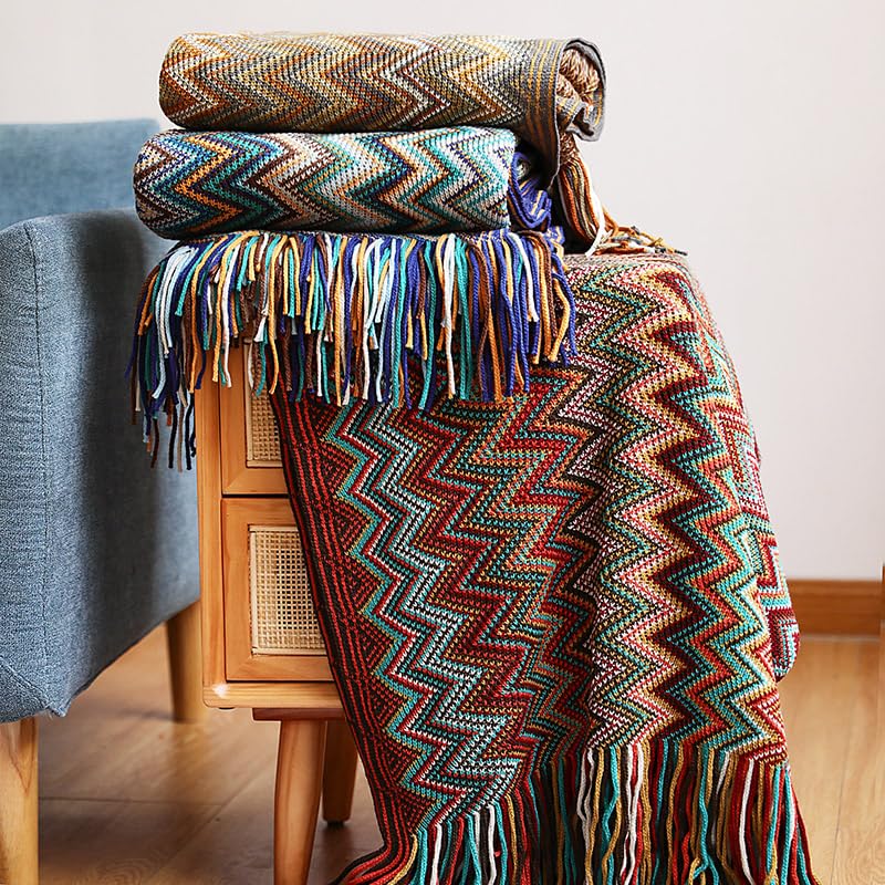 Throw Blanket Bohemian Knitted with Tassel 50x60 Inch (Red) - color: Red