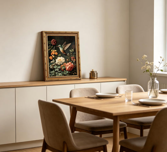 Vintage Gold Framed Wall Art, Hummingbird and Flowers Oil Painting Print, Dark Floral Botanical Decor for Living Room, Bedroom, Office, Ready to Hang - color: Hummingbird, size: 11"L x 9"W